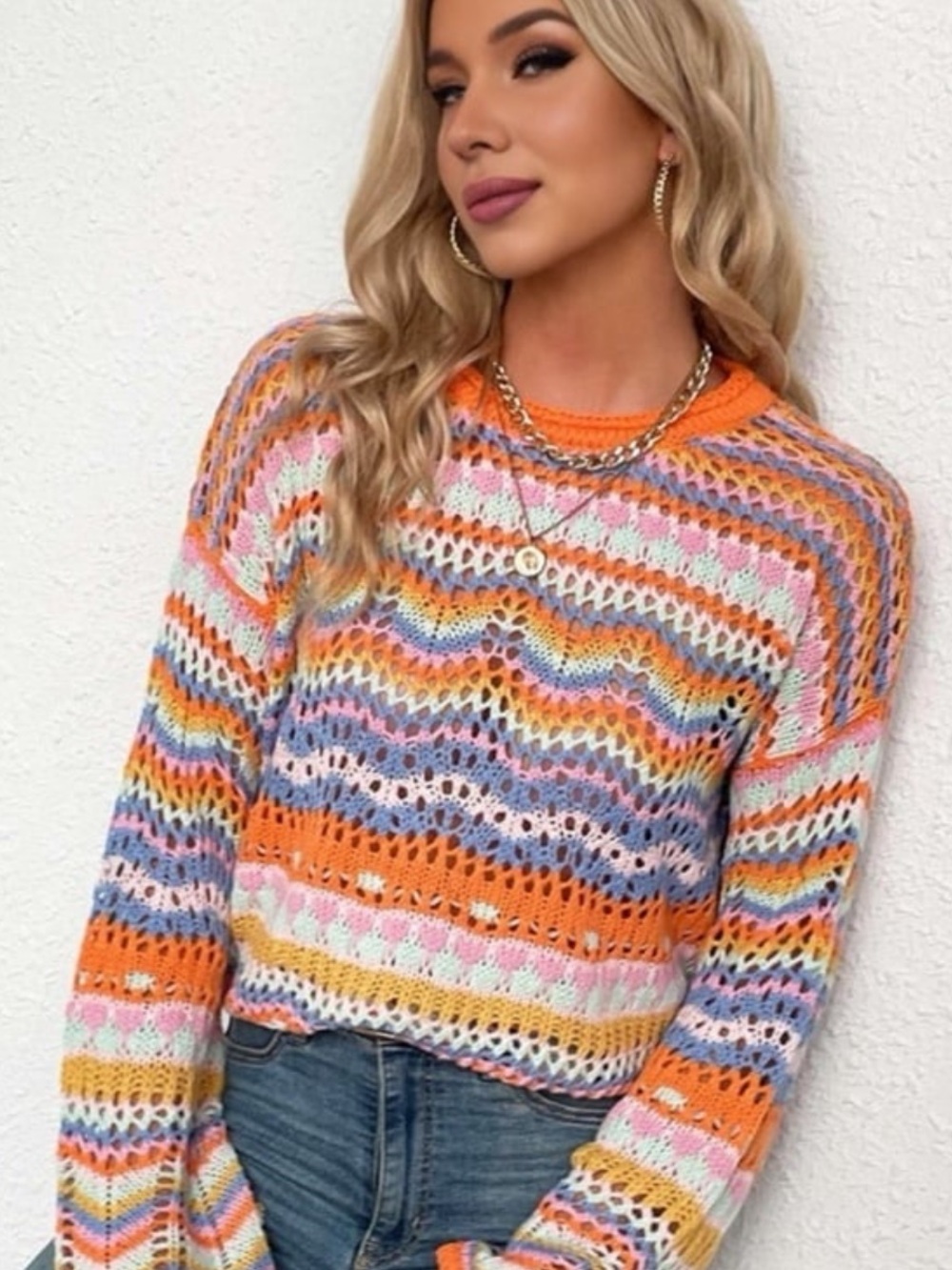 Women's Multicolor Open-Weave Crewneck Sweater - Orange Accent